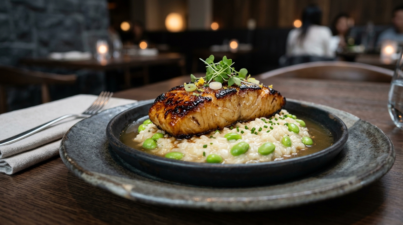 Miso Glazed Black Cod with Yuzu Dashi Risotto